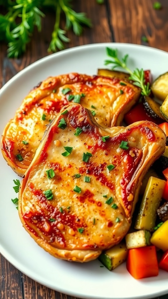 Crispy air fryer pork chops garnished with herbs, served with roasted vegetables on a rustic table.